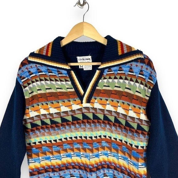 Coll Ageman Vintage Collared V Neck Sweater, Navy Multi, Size Medium - Picture 2 of 9